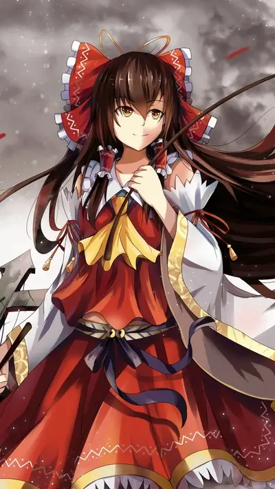 A girl in a red kimono holds a long stick