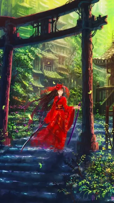 A girl in a red kimono stands before a torii gate