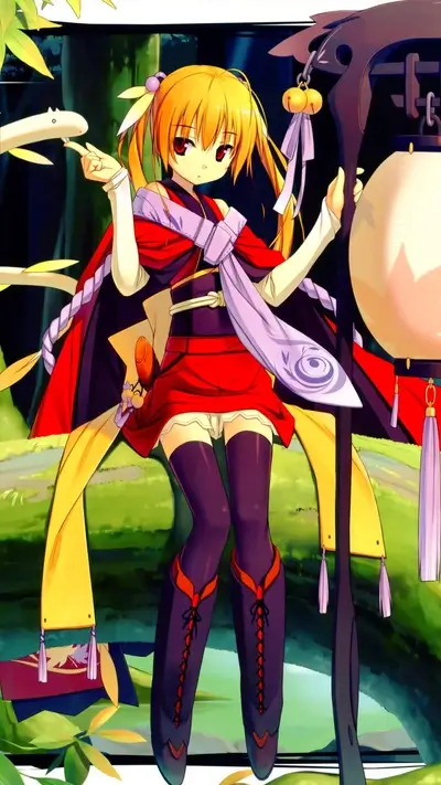 A girl in a red kimono stands near a lantern