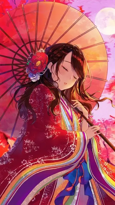 A girl in a red kimono under a red umbrella