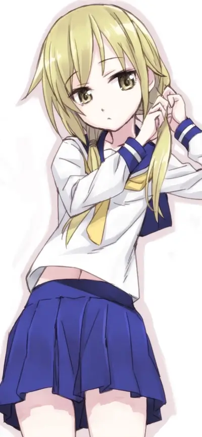 A girl in a sailor uniform is fixing her hair