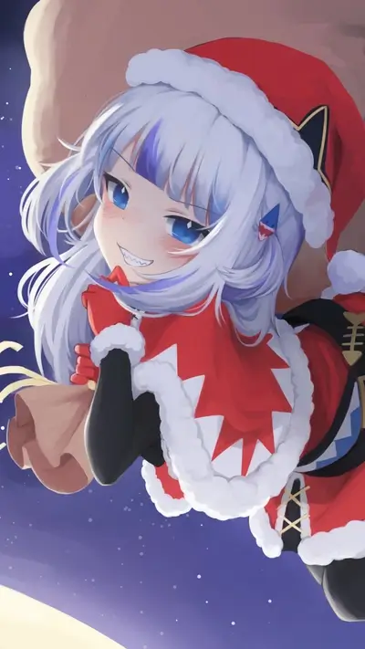 A girl in a Santa outfit holds a sack