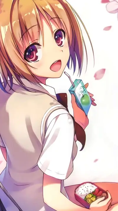 A girl in a school uniform enjoys a lunchbox and juice