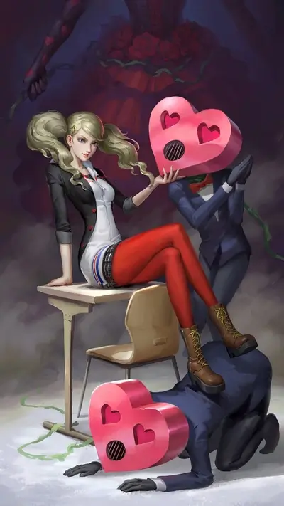 A girl in a school uniform sits on a desk, two figures kneel before her