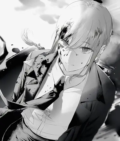 A girl in a suit, bloody and intense