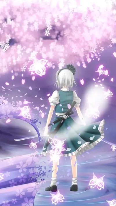 A girl in a teal dress stands with a katana, surrounded by cherry blossoms