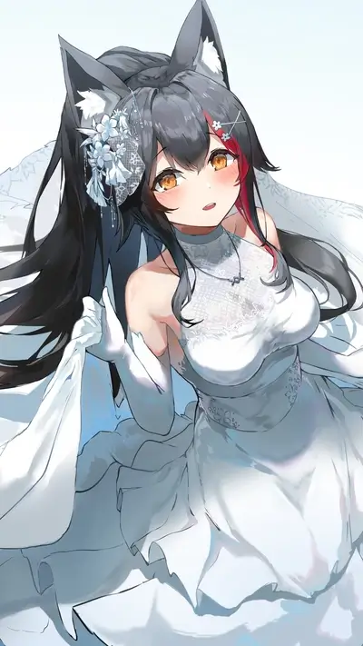 A girl in a wedding dress with wolf ears