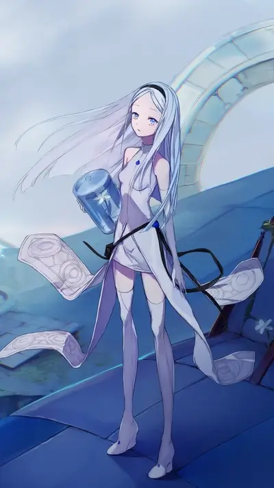 A girl in a white dress holds a glass container
