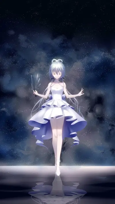A girl in a white dress stands in front of a starry night sky
