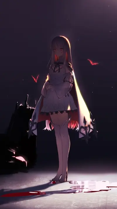 A girl in a white dress stands in the dark