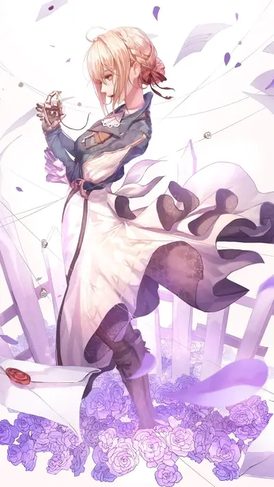 A girl in a white dress surrounded by purple roses