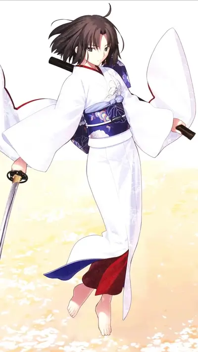 A girl in a white kimono holding a sword, barefoot, light background