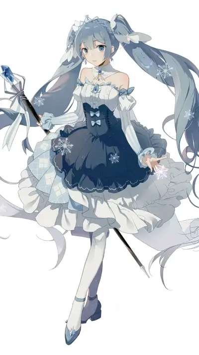 A girl in a winter dress holds a staff