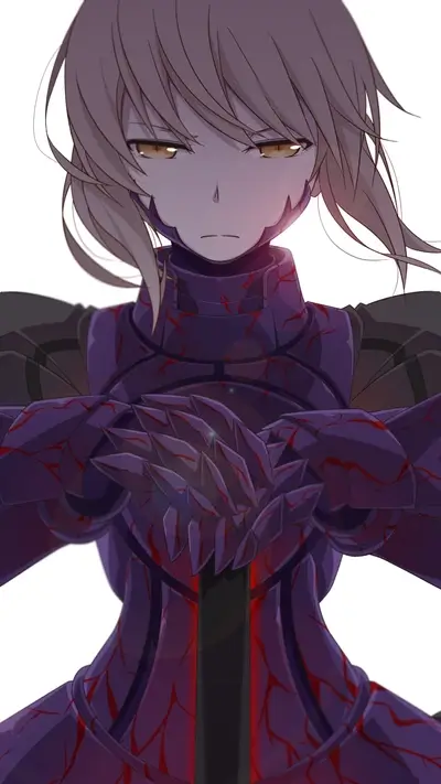 A girl in purple armor with bloodstains holds a sword