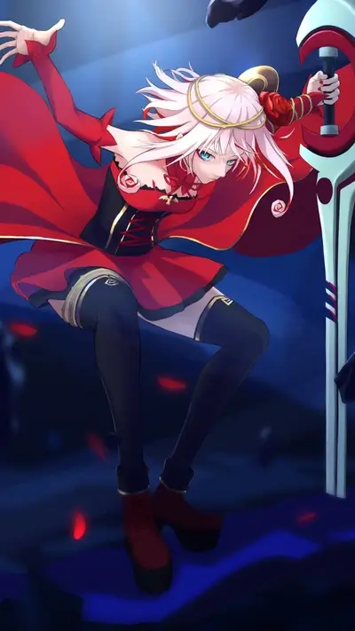 A girl in red fighting with a crescent-shaped sword