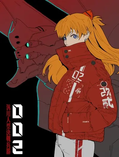 A girl in red jacket stands before a mecha head with glowing eyes