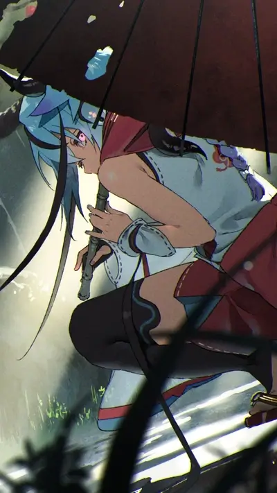 A girl playing a flute under an umbrella
