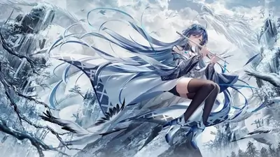 A girl plays a flute in a snowy landscape