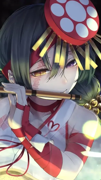A girl plays a flute, wearing a traditional Japanese outfit