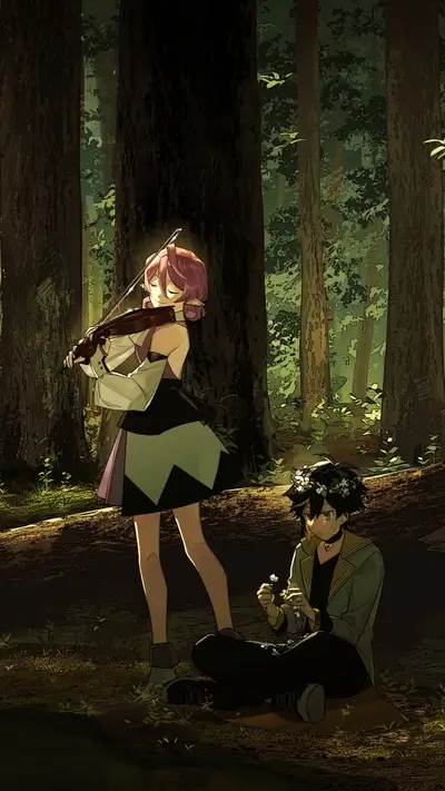 A girl plays violin in a forest, a boy sits nearby