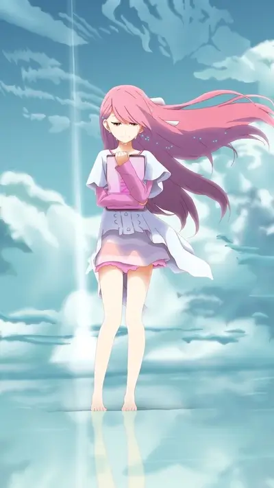 A girl sadly holding a tablet, standing on a reflective surface
