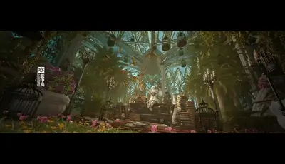 A girl sits amidst books and birds in a lush, overgrown greenhouse