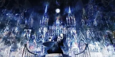 A girl sits at a table in a crystal castle
