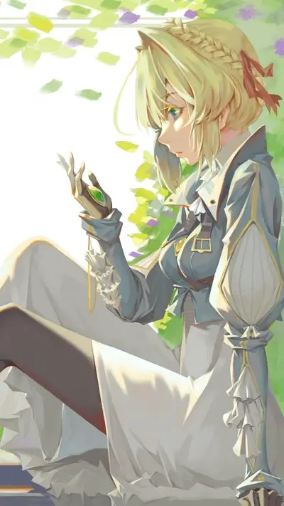 A girl sits by a window, holding a pendant
