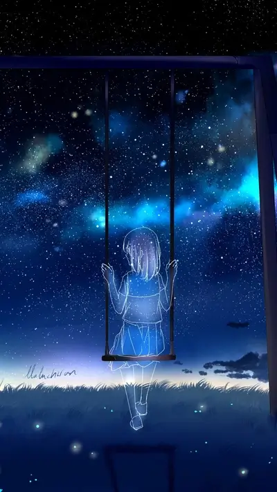 A girl sits on a swing, gazing at a starry night sky