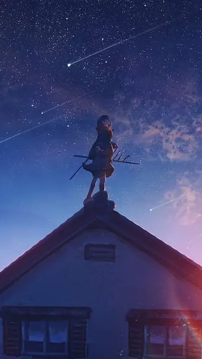 A girl stands on a building rooftop, gazing up at a starlit sky