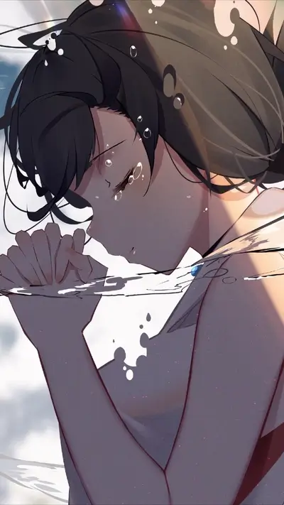 A girl submerged in water, crying, hands clasped