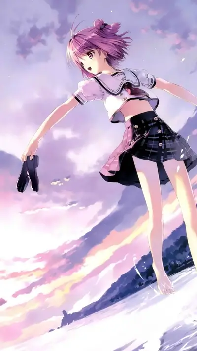A girl walking on the beach at sunset, holding her shoes