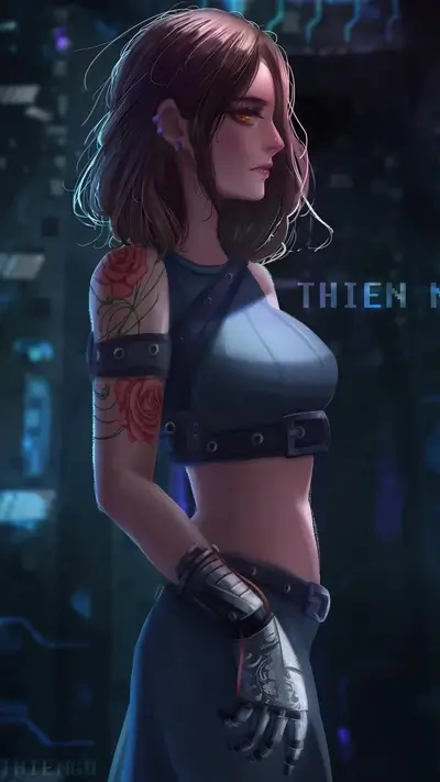 A girl with a cybernetic arm and rose tattoos