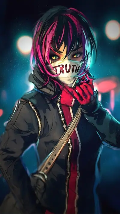 A girl with a mask, hiding her face in the city at night