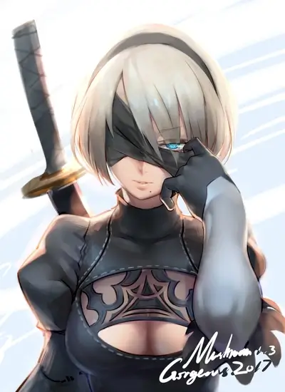 A girl with a sword gazes with one eye, partially hidden by her blindfold