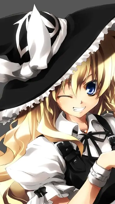 A girl with blonde hair and a witch's hat winks