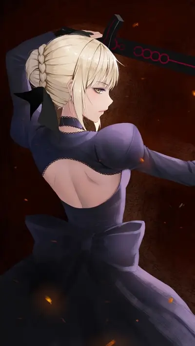 A girl with blonde hair in a purple dress holding a sword