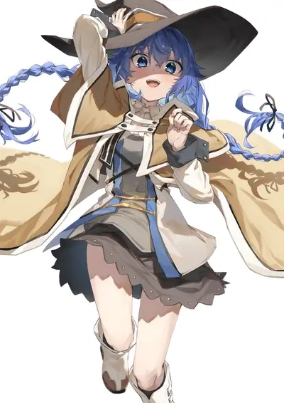A girl with blue hair and a large hat