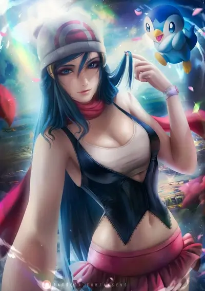 A girl with blue hair and a Pokemon