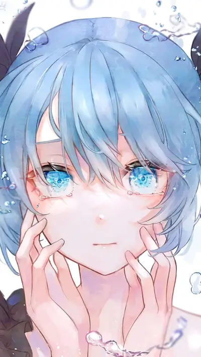 A girl with blue hair and eyes, underwater scene