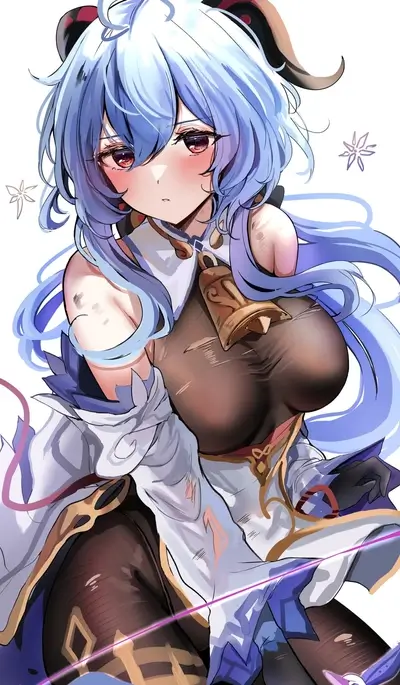 A girl with blue hair and horns, wearing a revealing outfit