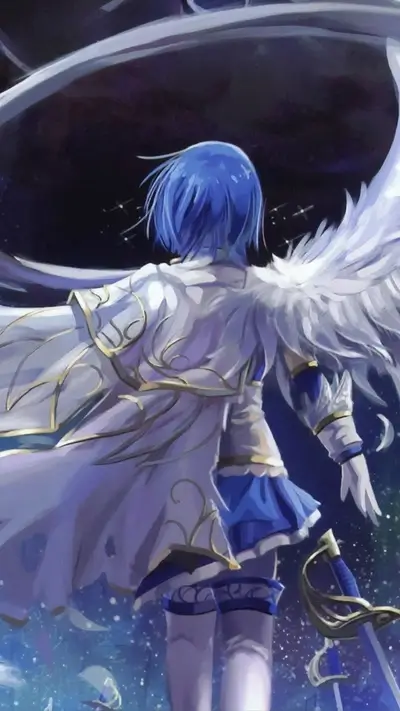 A girl with blue hair and large white wings stands