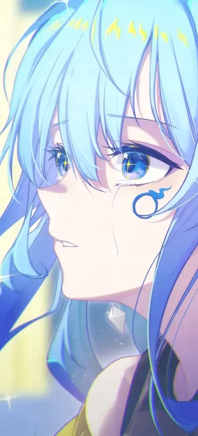 A girl with blue hair crying
