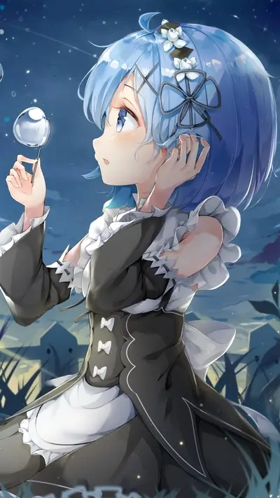 A girl with blue hair is looking at bubbles