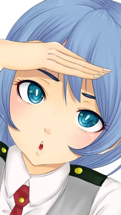 A girl with blue hair looks upward, hand shielding her eyes