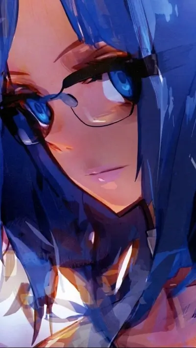 A girl with blue hair wearing glasses