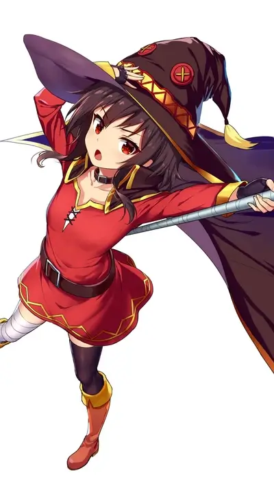 A girl with brown hair and a red dress wielding a staff
