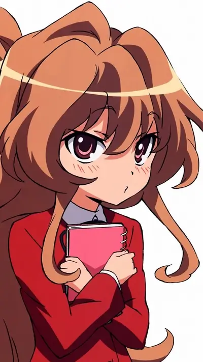 A girl with brown hair holds a pink notebook
