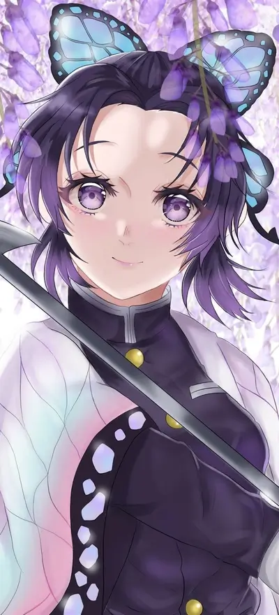 A girl with butterfly hair accessories, holding a sword