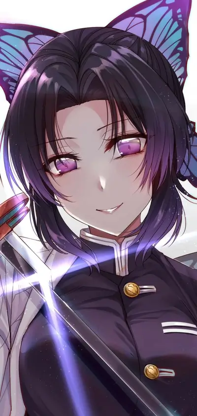 A girl with butterfly hair ornaments, holding a sword